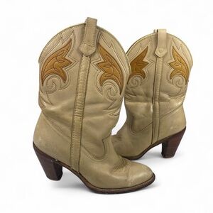Vintage Acme Tan Beige Western Embroidered Leather Cowboy Boots - Women's